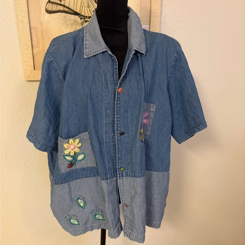 Vintage Women's Denim Patchwork Button Down Shirt Size 3X